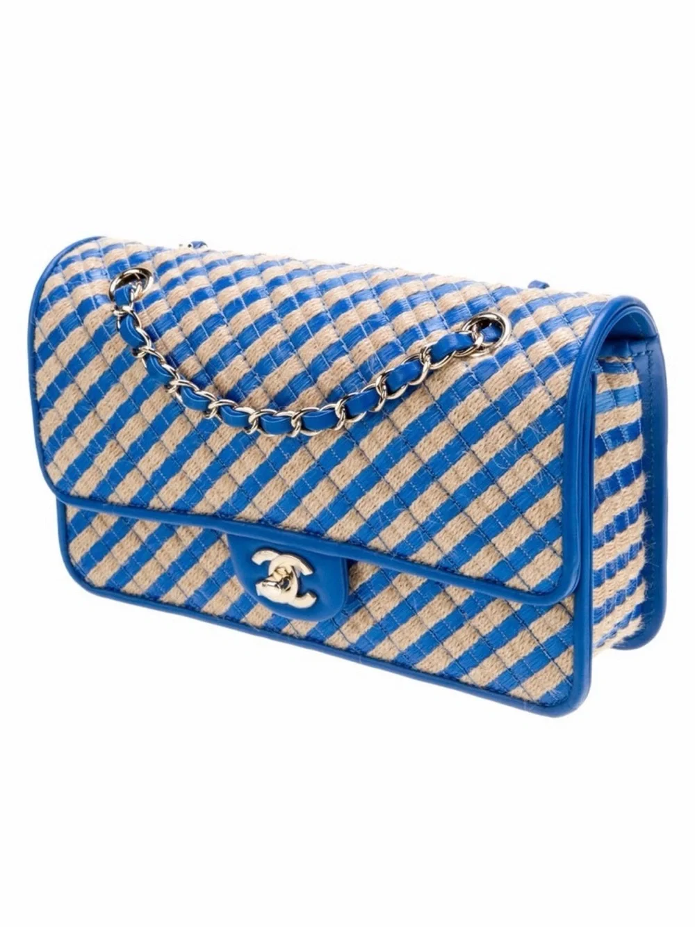 CHANEL Blue and Natural Straw Quilted Shoulder Bag with Chain